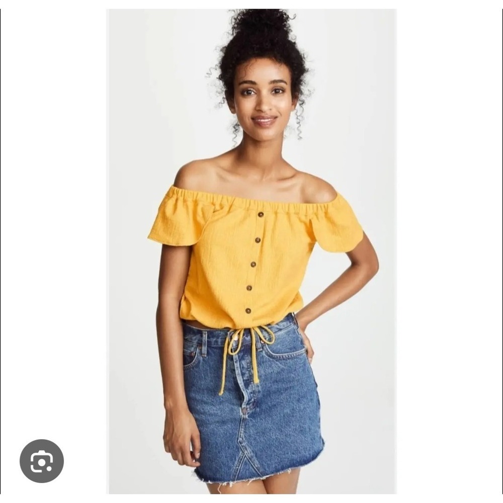 Madewell Mustard Yellow Off The Shoulder Ruffle Button Front Drawstring Top M